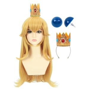 Blonde Princess Peach Wig With Crown And Earrings